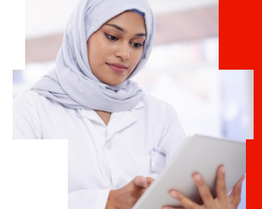 Healthcare professional reviewing biomarker testing resources on a tablet