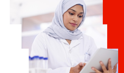 Healthcare professional reviewing biomarker testing resources on a tablet